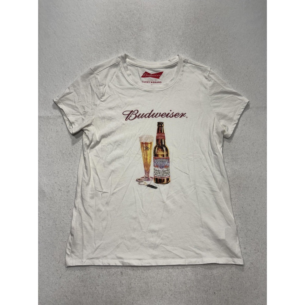 Lucky Brand Shirt Womens Medium White Budweiser Beer Graphic Crew Neck Tee